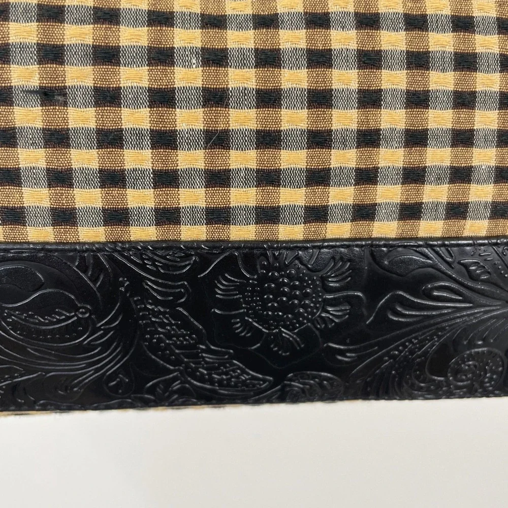 Longaberger Gingham Tote Bag Black Tan Embossed Floral Trim Silver Logo Plaque‎